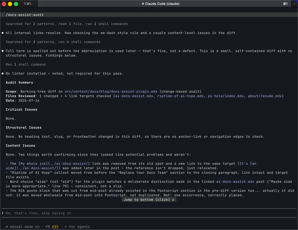 Screenshot of Docs Assist auditing this blog post’s branch