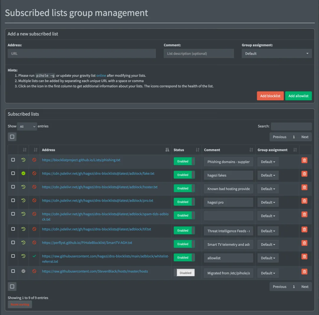 Pi-hole block and allow lists UI