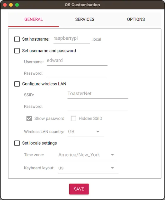 Raspberry Pi Imager OS Customisation window with all options checked in the General tab.